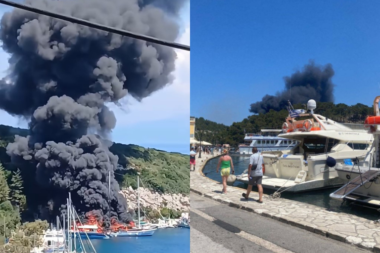 Στις φλόγες σκάφη στους Παξούς – Πυκνοί μαύροι καπνοί σκέπασαν το λιμάνι